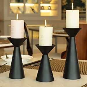 Amazon.com: Black Candle Holders Set of 3 - Metal Candle Holders for Pillar Candles - 3 Pillar Candle Holder Centerpiece - Pillar Candle Holders for Table - Black Candle Holder Set Candle Stands Decorative : Home & Kitchen Pillar Candles Fireplace, Black Candlestick Holders, Metal Candle Stand, Black Pillar Candles, Black Candle Holders, Iron Candle Holders, Electronic Candles, Black Candle, Iron Candlesticks