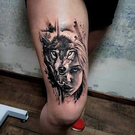 Wolf Tattoo Design Men Thigh, Fierce Wolf Tattoo For Women, Wolf Cover Up Tattoos For Women, Witch And Wolf Tattoo, Wolf With Woman Tattoo, Protective Wolf Tattoo, Black Wolf Tattoo For Women, His And Her Wolf Tattoos Couple Tat, Viking Women Tattoo Ideas