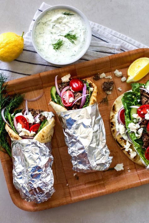 Easy Ground Beef Gyros Ground Beef Gyros Recipe, Greek Food Gyros, Beef Gyros, Pita Pocket Recipes, Foreign Recipes, Beef Gyro, Get Stuffed, Ground Beef Seasoning, Lamb Gyros