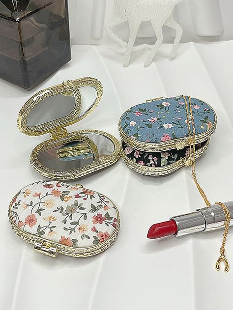 1pc Random Vintage Style Folding Travel Mirror, Double-sided Portable Mini Makeup Mirror With Printed Fabric Cover | SHEIN USA Small Vanity Mirror, Random Vintage, Foldable Mirror, Mirror Keychain, Portable Mirror, Small Vanity, Travel Mirror, Hexagon Design, Mini Makeup