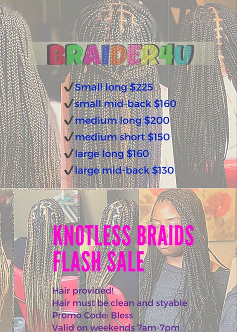 Knotless Box Braids Price List, Braiding Policies, Knotless Price List, Braiding Business Ideas, Braiding Price List Ideas, Box Braids Price List, Knotless Braids Price List, Hair Braider Flyer, Braids Price List Ideas