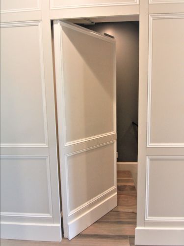 #80 - Wainscot Door - Creative Home Engineering Hidden Wainscoting Door, Door Blends Into Wall, Hidden Panelled Doors, Concealed Doors In Wall Bedroom, Panelled Hidden Door, Conceal Door Design, Wainscoting Hidden Door, Hidden Door In Paneled Wall, Hidden Basement Door