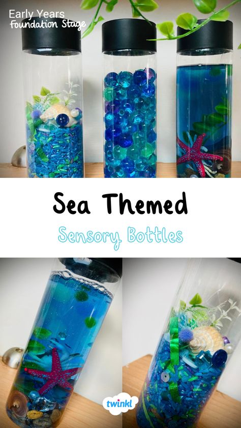 Sensory bottles are great for sensory activities with babies and toddlers! Thanks to Aimee Wheeler. Click for more ocean sensory bottle recipes. Under The Sea Activities For Babies, Under The Sea Activities For Toddlers, Under The Sea Activities, Bottle Sensory, Steam Night, Ocean In A Bottle, Family Daycare, Ocean Sensory, World Ocean Day