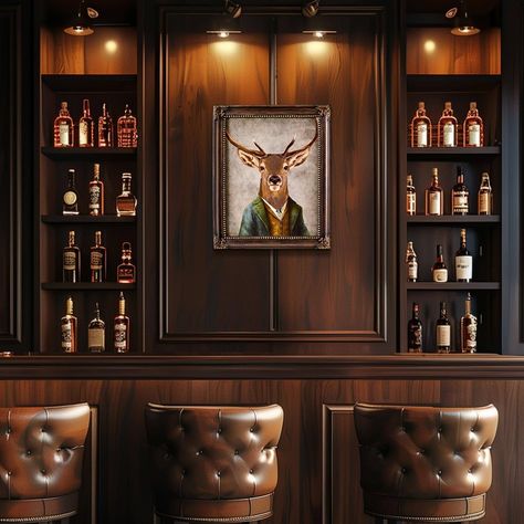 The Deer wall decor embodies the grace and strength of the noble creature it depicts. Its masculine classic design exudes an air of sophistication and refinement, perfectly suited for those who appreciate timeless elegance. Great for a mancave or game room. Excellent gift idea of any man in your life. Dark Green Moody Bar, Whiskey Man Cave, Basement With Wood Paneling, Tasteful Man Cave, Bars With Tv, Dark Green Man Cave, Luxury Mancave, Basement Speakeasy Home, Whiskey Lounge Home