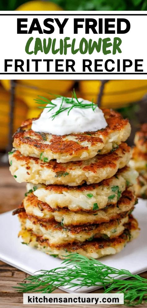 These cauliflower fritters make a fantastic lunch or side dish. Crushed cauliflower, parmesan and fresh herbs are mixed together and fried in a little oil until golden brown. Perfect served topped with some homemade tzatziki. Office Food, Cauliflower Fritters, Prep Lunch, Homemade Tzatziki, Fritter Recipes, 4 Ingredient, Lunch Meal Prep, Cauliflower Recipes, Weeknight Dinners