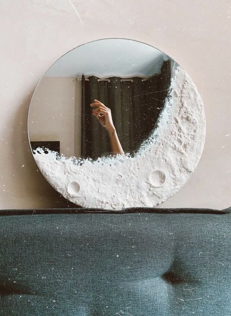 earlier I had asked this for my beach illusion project, now I’m asking for a moon project. I imagined the materials would be similar so I’d want to do them both.  Here’s some photos to get a clearer understanding of the direction I’m headed. Thank you all! Moon Mirror, Rayong, Mirror Ideas, Moon Decor, Mirror Painting, Diy Mirror, Mirror Art, Moon Art, Mirror Designs