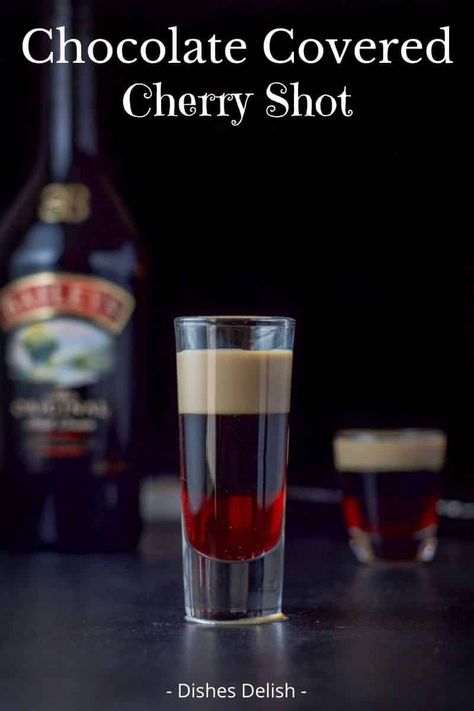 This chocolate-covered cherry shot tastes like the the famous candy! It is one of the tastiest layered shots out there! #cherry #chocolatecoveredcherry #layeredshot #dishesdelish Layered Shots, Glace Fruit, Chocolate Covered Cherry, Chocolate Shots, Cocktail Shots, Jello Shot, Shots Alcohol, Liquor Drinks, Chocolate Covered Cherries