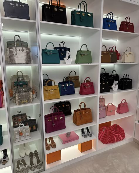 Hermes Bag Collection Closet, Most Expensive Bags In The World, Birkin Collection Closet, Handbag Collection Aesthetic, Hand Bags Collection, Hermes Bags Collection, Bag Collection Display, Luxury Bag Collection Closet, Purse Collection Aesthetic