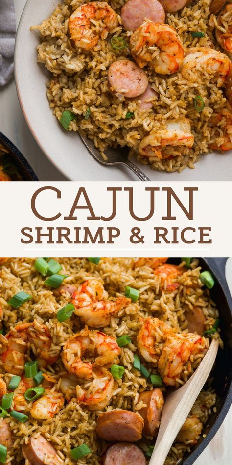 This cajun shrimp rice skillet recipe is an easy weeknight dinner that's packed with flavor the entire family will love! Made with fluffy spiced up brown rice and flavorful shrimp and kielbasa sausage and comes together in under an hour. Wife Me Up Recipes, Cajun Style Rice, Cajun Brown Rice, Shrimp And Sausage Recipes Rice, Cajun Shrimp And Sausage Rice, Ground Beef And Shrimp Recipes, Dinner Ideas For 4 Adults, Jumbo Shrimp Recipes Dinners, Monday Dinner Ideas Families