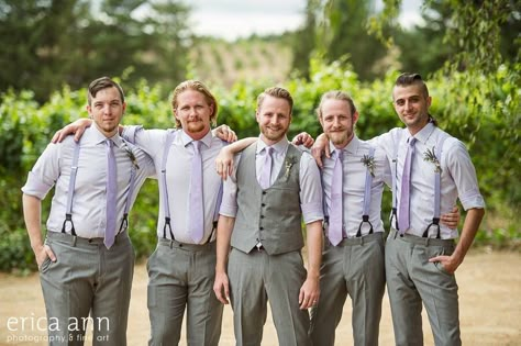 Lavender groomsmen with suspenders done right. Wedding Colors Lavender, Groomsmen Attire Grey, Wedding Party Attire, Groomsmen Suspenders, Groomsmen Grey, Mens Wedding Attire, Groom Wedding Attire, Groomsmen Outfits, Dusty Sage