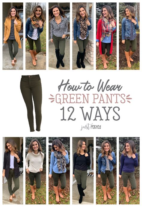 How to wear green pants 12 different ways! I love that you can wear these olive green pants in so many different ways. They are a perfect item for a capsule wardrobe too! These green pants are perfect to dress up or down, to wear to work outfit or for a teacher outfit! Olive Pants Outfit, Olive Green Pants Outfit, Green Pants Outfit, Hiking Hairstyles, Olive Pants, Teaching Outfits, Backpacking Hiking, Olive Green Pants, Fall Hiking