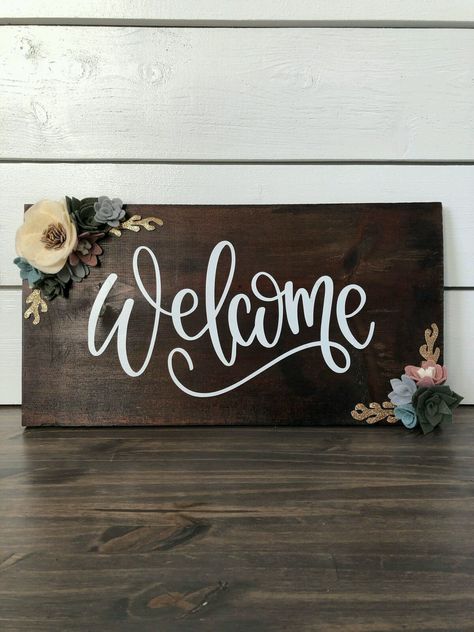 It has been a long minute! Welcome Wood Sign, Homemade Signs, Wooden Signs Diy, Making Signs On Wood, Wooden Welcome Signs, Diy Wood Signs, Wood Flowers, Diy Signs, Wooden Crafts