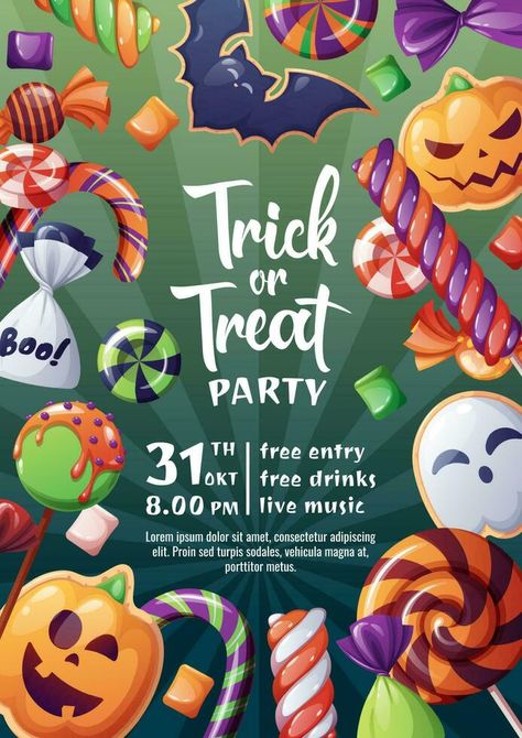 Halloween party flyer. Holiday invitation Trick or Treat. Poster, banner with spooky candies, sweets, cookies, lollipops. Cookies Poster, Trick Or Treat Poster, Spooky Candy, Halloween Party Flyer, Dulces Halloween, Candy Poster, School Poster, Vector Character Design, Halloween Flyer