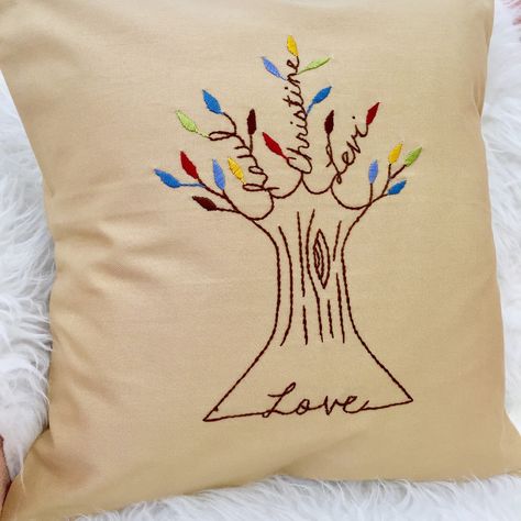 Family can be anyone we share our love and lives with.  Family. Family trees. Love. Pillows. Gift for friend. Gift for mom. Parents. Baby shower gift. Wedding gift. Parents of the bride. (C) blue leaf boutique Family Tree Pillow, Stickers Homemade, Parents Anniversary Gift, Embroidered Names, Parents Of The Bride, Family Pillow, Parents Christmas, Love Pillow, Diy Gifts For Mom