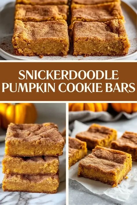 These Snickerdoodle Pumpkin Cookie Bars are a must-try for fall! Soft, chewy, and full of warm cinnamon and pumpkin flavor, they're easy to make and even easier to enjoy. Perfect for dessert, snack, or sharing at gatherings! #PumpkinRecipes #FallBaking #CookieBars #Snickerdoodle Snickerdoodle Cookie Bars, Snickerdoodle Cake, Snickerdoodle Bars, Picky Palate, Pumpkin Snickerdoodles, Snickerdoodle Cookie, Snickerdoodle Recipe, Pumpkin Cookie, Pumpkin Bars