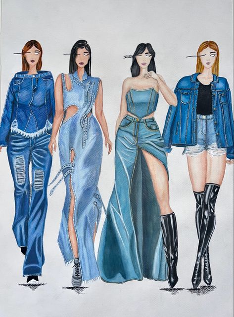 Denim fashion drawing Denim Fashion Illustration Sketches, Denim Rendering Illustration, Denim Collection Inspiration, How To Draw Denim, Denim Dress Illustration, Denim Drawing Fashion Illustrations, Denim Runway Fashion, Fabric Rendering Fashion Illustrations, Denim Illustration Sketch