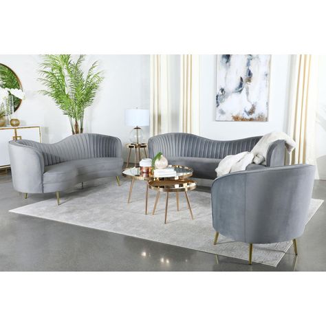 Grey Living Room Sets, Rooms Decoration, Comfy Accent Chairs, Velvet Living Room, Retro Room, Elegant Sofa, Grey Upholstery, Gold Legs, Coaster Furniture