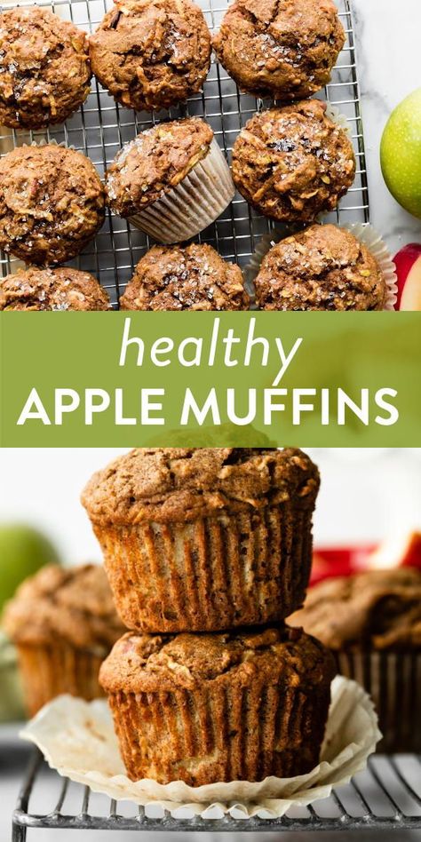 These are whole wheat healthy apple muffins made without any refined sugar. They're moist, soft, and packed with plenty of delicious cinnamon apple flavor! #healthy #apples #muffins #breakfast Apple Crumble Muffins Healthy, Healthy Apple Breakfast Muffins, Apple Oat Protein Muffins, Healthy Apple Pie Muffins, Apple And Oats Muffins, Healthy Vegan Apple Muffins, Apple Oat Muffins Healthy, Healthy Apple Oatmeal Muffins, Apple And Oat Muffins