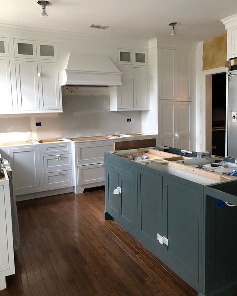 photos of Dusty Miller paint on Omega cabinets Farmhouse Shaker Kitchen, Omega Kitchen Cabinets, Omega Cabinets Kitchen, Kitchen Cabinets Two Colors, Bungalow Kitchen Remodel, Slim Shaker Cabinet, Shaker Cabinets Kitchen, Kitchen Upstairs, Types Of Kitchen Cabinets