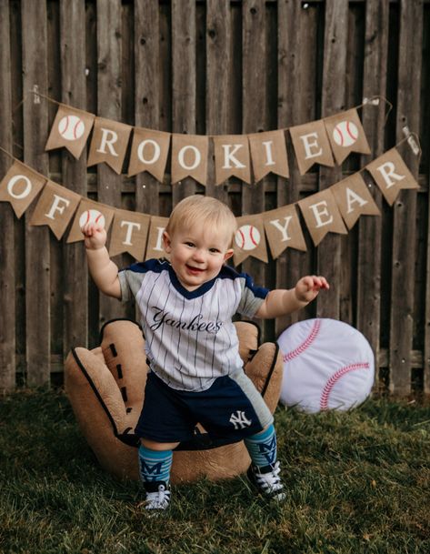 First Birthday Baseball Photoshoot #yankees Baseball Photoshoot, First Birthday Baseball, Toddler Converse, Rookie Of The Year, Baseball Photos, 1st Birthday Parties, First Birthday, First Birthdays, 1st Birthday