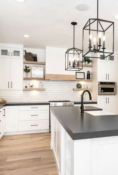 White Black Wood Interior Design, Black Counter Farmhouse Kitchen, White Cabinets With Dark Grey Countertop, Kitchen Cabinets White And Black, Kitchen White Black Countertop, Farmhouse Kitchen White And Black, Kitchen Ideas Black White Wood, Not Boring White Kitchen, Black Counter Tops White Cabinets Kitchen