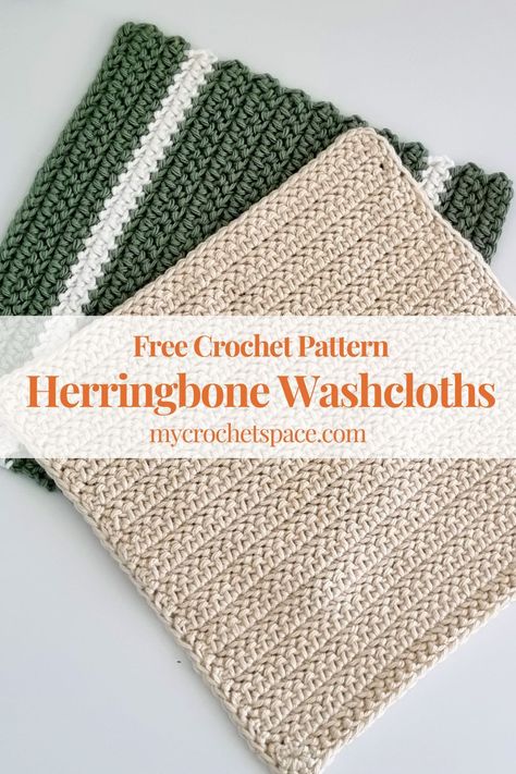 Make these fantastic Herringbone Washcloths using herringbone half double crochet. Get the free crochet pattern from My Crochet Space. Half Double Crochet Washcloth Pattern, Easy Crochet Kitchen Towels, Cotton Yarn Crochet Ideas, Crochet Dishcloths Free Patterns, Herringbone Crochet Stitch, Herringbone Half Double Crochet, Herringbone Crochet, Cotton Yarn Projects, Crochet Washcloth Free Pattern