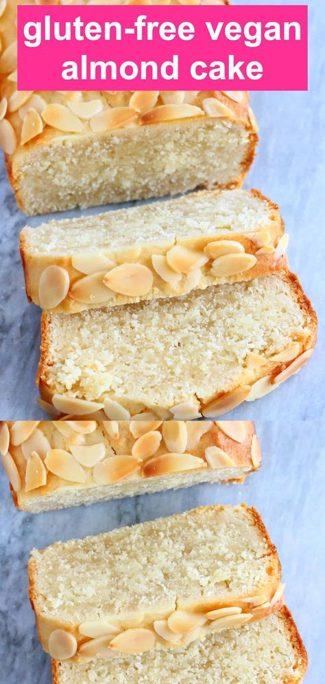 This Gluten-Free Vegan Almond Loaf Cake is moist, fluffy, and topped with crunchy sliced almonds! It's easy to make, comes together in one bowl and is refined sugar free, dairy-free and egg-free too. It's great for dessert, breakfast, brunch or a snack, and is delicious by itself or with toppings! Vegan Gluten Free Sponge Cake, Gluten And Egg Free Cake, Gluten Egg And Dairy Free Recipes, Vegan Gluten Free Almond Cake, Vegan Moist Cake, Vegan Refined Sugar Free Desserts, Almond Flour Vegan Recipes, Gluten Free Loaf Cake Recipes, Gf Df Dessert