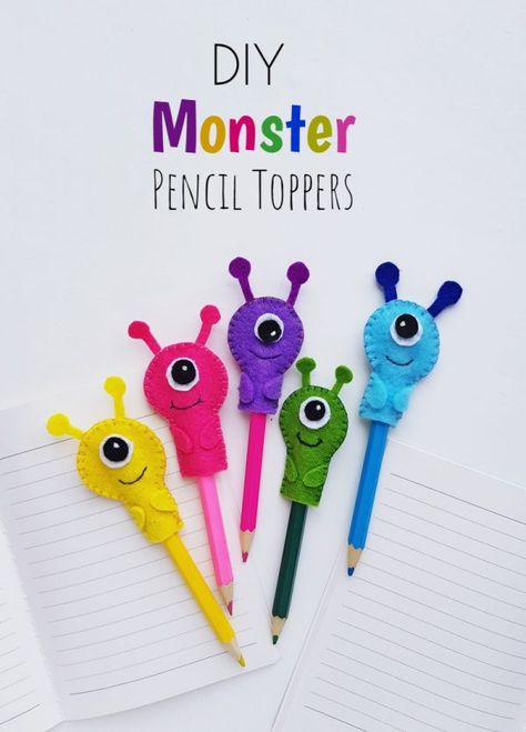 Pencil Toppers Diy, Pencil Topper Crafts, Pencil Crafts, Diy Monsters, Toppers Diy, Diy School, Diy Pencil, Diy School Supplies, Felt Projects