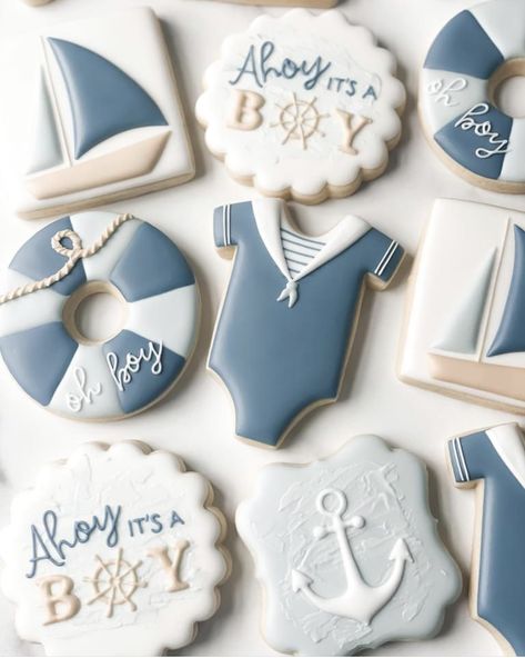 Ahoy Birthday Theme, Ahoy It’s A Boy Cookies, Sailing Theme Nursery, Whale Baby Shower Cookies, Sailor Themed Nursery, Ahoy It’s A Boy Baby Shower Theme, Boat Baby Shower Ideas, Ahoy Its A Boy Cake, Nautical Baby Shower Cookies