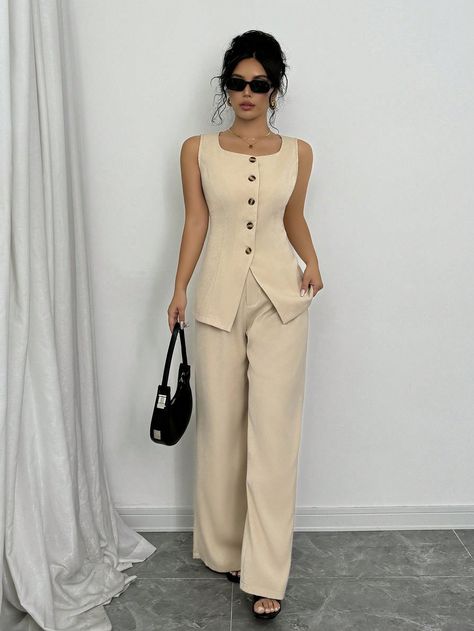 2pcs/Set Square Neck Sleeveless & Wide Leg Pants Apricot Elegant    Plain  Non-Stretch  Women Clothing, size features are:Bust: ,Length: ,Sleeve Length: Pant Top Set Women, Best Tops For Large Bust, Wide Leg Pants Outfit Fall, Effortless Hairstyles, Hair Makeover, Backless Maxi Dresses, Casual Athletic, Pantalon Large, Inspiration Mode