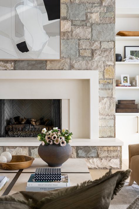 PC Contemporary Project: The Great Room - Studio McGee Grey Stone Fireplace, Grey Marble Floor, Stone Fireplace Designs, Stone Fireplace Wall, White Mantel, Tan Walls, Dark Grey Walls, Living Tv, Grey Countertops