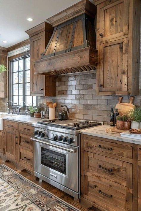 Craftsman Kitchen Ideas, Rustic Hickory Kitchen, Alder Kitchen Cabinets, Rustic Kitchen Table, Modern Rustic Kitchen, Hickory Kitchen Cabinets, Backsplash Trends, Hickory Kitchen, Barn Kitchen