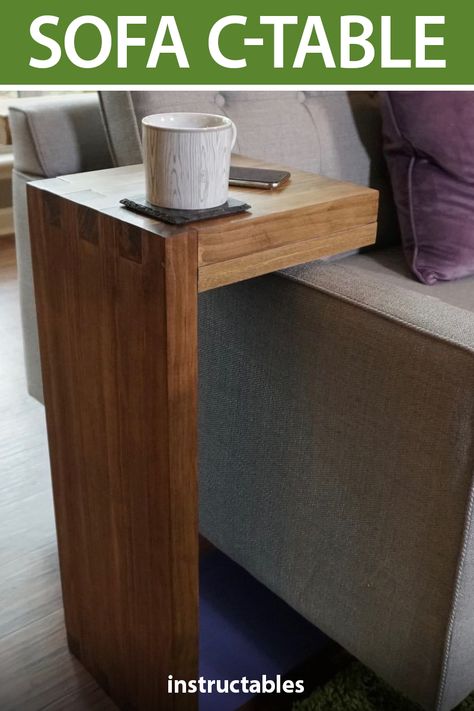 Diy Sofa Side Table Easy, End Tables That Slide Under Couch, C Shaped Table For Sofa, Laptop Sofa Table, Arm Rest Table Diy, Slide Under Sofa Table, Under Couch Side Table, Sofa Arm Table Diy Plans, Couch End Table Diy