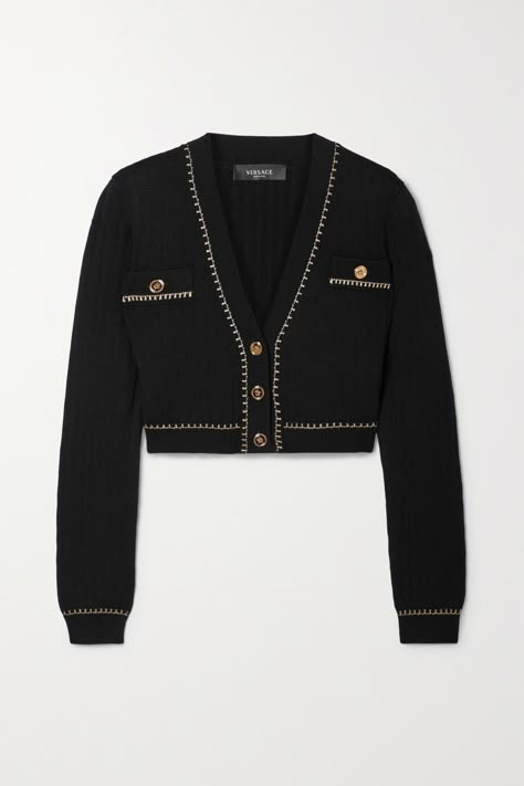 Versace Casual Outfits, Versace Cardigan, Versace Outfit Women, Luxury Cardigan, Black And Gold Fashion, Versace Clothes, Versace Clothing, Versace Tops, Chanel Jeans