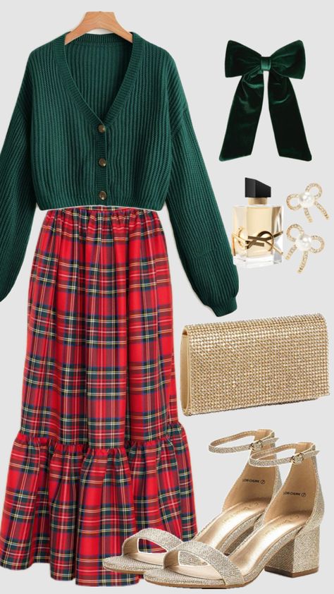 #christmasoutfit #skirt #modestoutfit #outfit #modestfashion #christiangirl #churchoutfit #christmas #winteroutfit #redaesthetic #ootd #fancy Plaid Skirt Christmas Outfit, Modest Christmas Outfit, Skirt Christmas Outfit, Christmas Church Outfit, Knit Plaid, Outfit Modest, Modesty Outfits, Sweet Clothes, Cute Modest Outfits