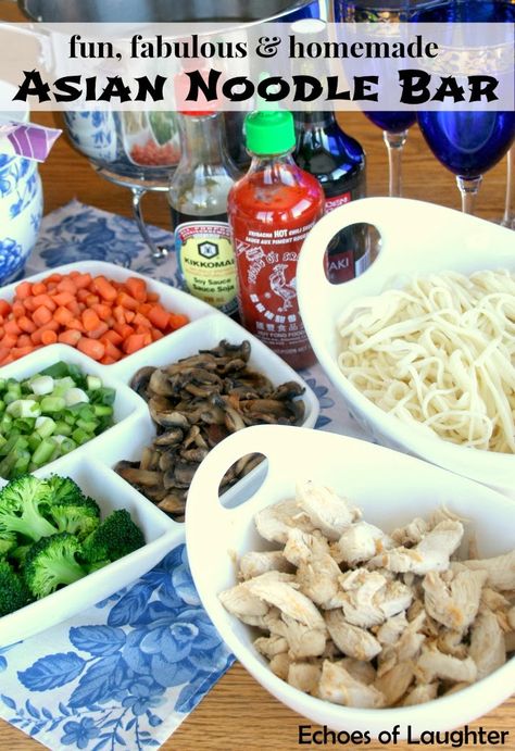 Make An Asian Noodle Bar! This is so fun for a family night. Great for big kids, little kids & picky eaters! Soup Bar, Ramen Bar, Mexican Salads, Asian Dinners, Chinese Vegetables, Picky Eaters Kids, Asian Noodle, Noodle Bar, Food Bar