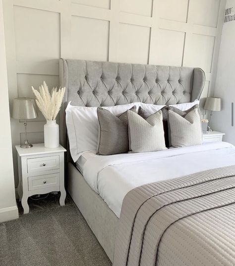 Cosy Grey Bedroom, Oversized Headboard, Luxury Duvet Covers, Luxury Bedding Set, Gorgeous Bedrooms, Redecorate Bedroom, Bathroom Reno, Cozy Room Decor, Spare Bedroom