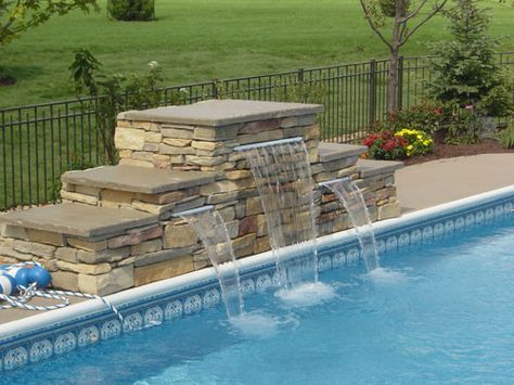 Swimming Pool Waterfalls - swimming pool water features - pool water spouts Swimming Pool Fountains Waterfalls, Pool Spillway Ideas, Landscape Ideas Rocks, Diy Pool Fountain, Pool Fountain Ideas, Pool Waterfall Diy, Above Ground Pool Landscape Ideas, Pools With Waterfalls, Pool Waterfall Ideas