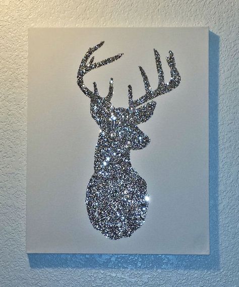 Glitter canvases! I saw this on Pinterest and just had to try it. It inspired me to make a bunch more using my own designs. #Glitter #Canvas #DIY #Original #Christmas #Holiday #Decor #Decoration #Art #Crafts #Buck #Silhouette Glitter Art Painting Canvases, Glitter Canvas Diy, Rhinestone Art Ideas, Paintings With Glitter, Drawing With Glitter, Rhinestone Painting Canvas, Glitter Glue Art, Gem Canvas Art, Glitter Painting Canvas