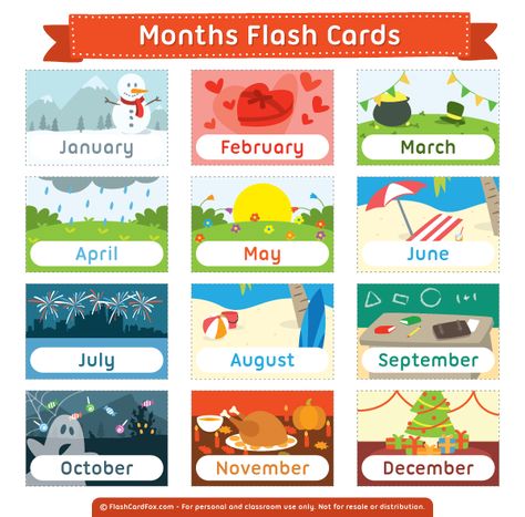 Free printable months flash cards. Download them in PDF format at http://flashcardfox.com/download/months-flash-cards/ Months Flashcards Free Printable, English Flash Cards, Month Printables Free, Months Flashcards, Months Printable, Flash Cards For Kids, Teach English To Kids, Learning English For Kids, Flashcards For Kids