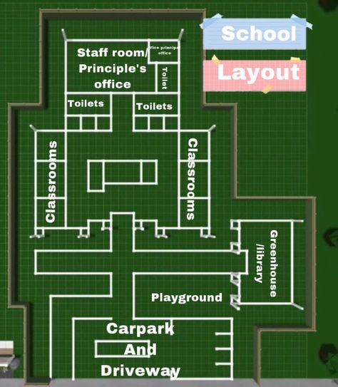 Bloxburg Town School Layouts, Bloxburg Layouts For Towns, Bloxburg Town Layout Ideas Big Plot, Roblox Bloxburg School Layouts, Blocksburg School Layout, Minecraft School Layout, Daycare Bloxburg Layout, Minecraft House Plans Layout, House Layouts 3 Story