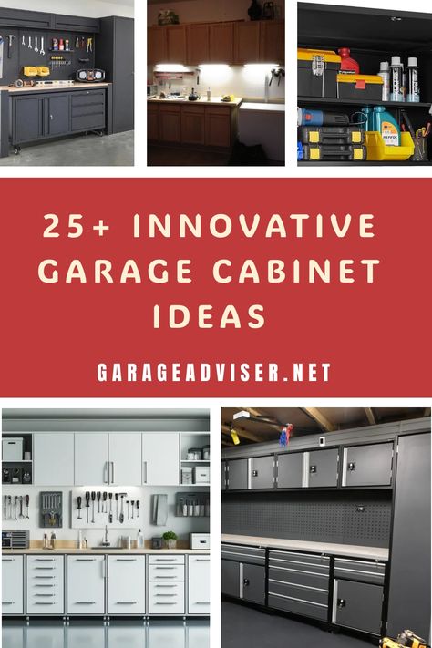 Discover over 25 creative garage cabinet ideas to optimize your space with Garage Adviser. From sleek modern designs to functional storage solutions, find the perfect inspiration for your garage organization project. Say goodbye to clutter and hello to a well-organized and efficient space with these innovative ideas. Whether you're looking to store tools, sports gear, or gardening supplies, there's a cabinet idea here for everyone. Transform your garage into a stylish and practical area with the Garage Work Bench Cabinets, Garage Storage Cabinets Organizing Ideas, Garage Cabinet Color Ideas, New Age Garage Cabinets, Garage Built In Cabinets, Garage Setup Ideas, Garage Cabinet Ideas, Garage Cabinet Organization Ideas, Garage Organization Ideas Workshop