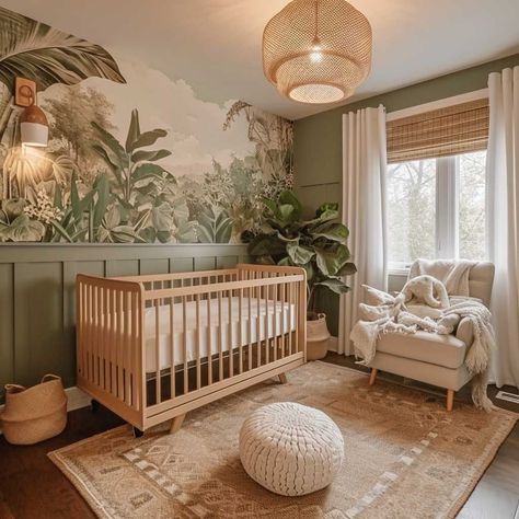 Green Nursery Ideas, Gender Neutral Nursery Ideas, Green Baby Nursery, Jungle Baby Room, Nursery Design Neutral, Gender Neutral Baby Room, Boho Chic Nursery, Green Baby Room, Nursery Guest Room