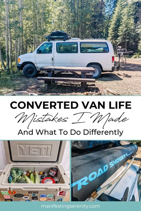 Graphic with an image of a van, cooler and shower and the title "Converted Van Life Mistakes I Made & What To Do Differently." E250 Van Conversion, E350 Van Conversion, Econoline Van Conversion, Van Conversion Floor, Van Setup, Converted Van, Van Conversion Build, Converted Vans, Gym Showers