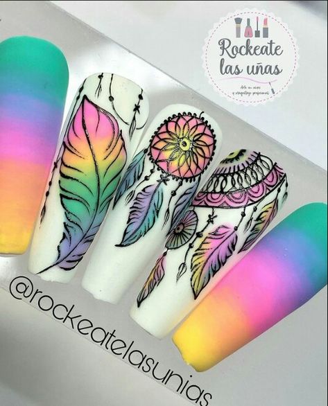 Mandala Art Nails, Mandala Nail Art Design, Dreamcatcher Nails Designs, Mandala Nail Designs, Dreamcatcher Nails, Mandala Nail Art, Dream Catcher Nail Art, Feather Nail Designs, Dream Catcher Nails