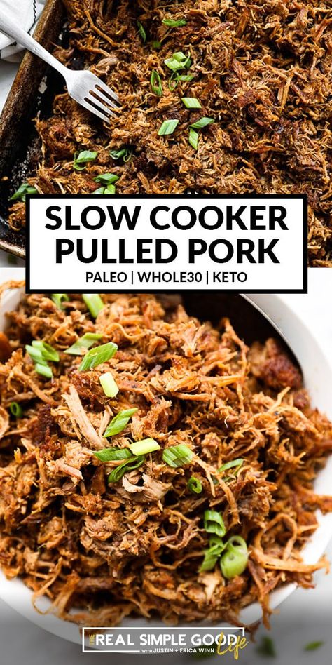 Easiest Ever Slow Cooker Pulled Pork (Keto + Whole30) Crockpot Meals Keto, Keto Crockpot Dinner, Paleo Pulled Pork, Pulled Pork Dinner, Easy Pulled Pork Slow Cooker, Easy Crockpot Recipes Healthy, Crock Pot Pulled Pork Recipe, Chicken Crockpot Recipes Healthy, Pork Recipes For Dinner