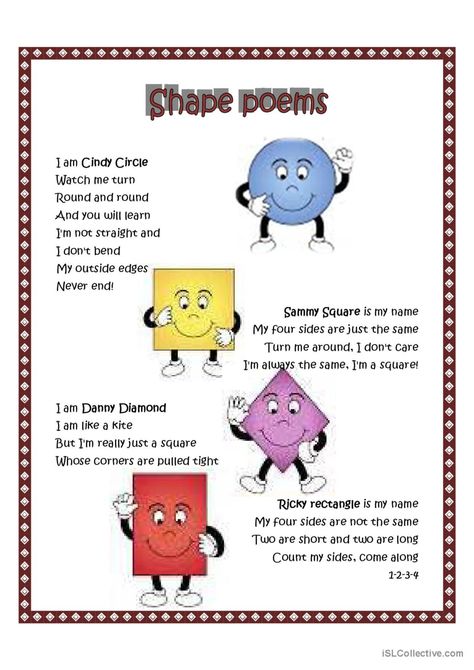 Shape poem: English ESL worksheets pdf & doc Poem English, Poem For Kids, English Poem, English Poems For Kids, Shape Poems, Shapes Kindergarten, Shapes Preschool, Circle Time, Teaching Jobs