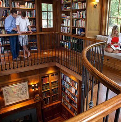 French Country Style Church | Catwalk Library (3) Two Story Library, Reading Rooms, Home Office Library, Library Inspiration, Dream Library, Beautiful Library, Library Room, Home Library Design, Home Libraries