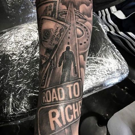 Road To The Riches Tattoo, Money Tattoo Sleeve For Men, Roads To Riches Tattoo, Road To Riches Tattoo Stencil, Money Tattoo Designs Men, Road Tattoo Sleeve, Sleeve Tattoos Money, Risk Tattoos, Money Roll Tattoo Design