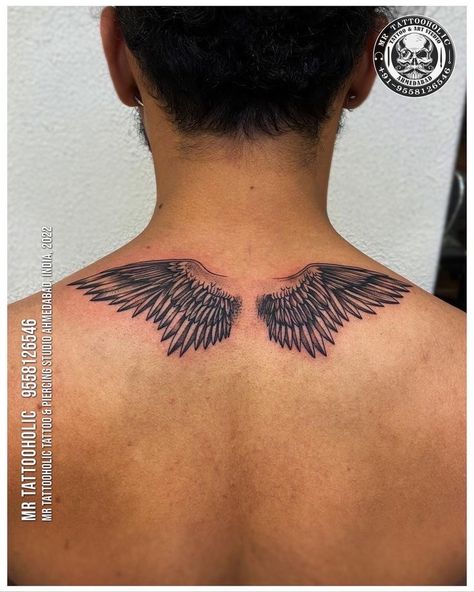 Wings Tattoo On Back For Men, Small Wings On Back Tattoo, Upper Back Wings Tattoo Men, Man With Wings Tattoo, Wings Tattoo Back Men, Back Tattoo Men Wings, Devils Wings Tattoo, Wings Back Tattoo For Men, Wing Tattoo Designs Men